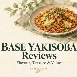 BASE YAKISOBA Reviews: Flavour, Texture & Value — NOODLE SCOPE editorial illustration of a noodle dish, not a product photograph.