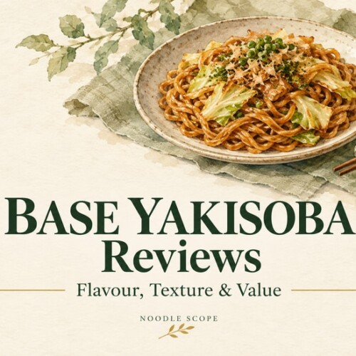 BASE YAKISOBA Reviews: Flavour, Texture & Value — NOODLE SCOPE editorial illustration of a noodle dish, not a product photograph.