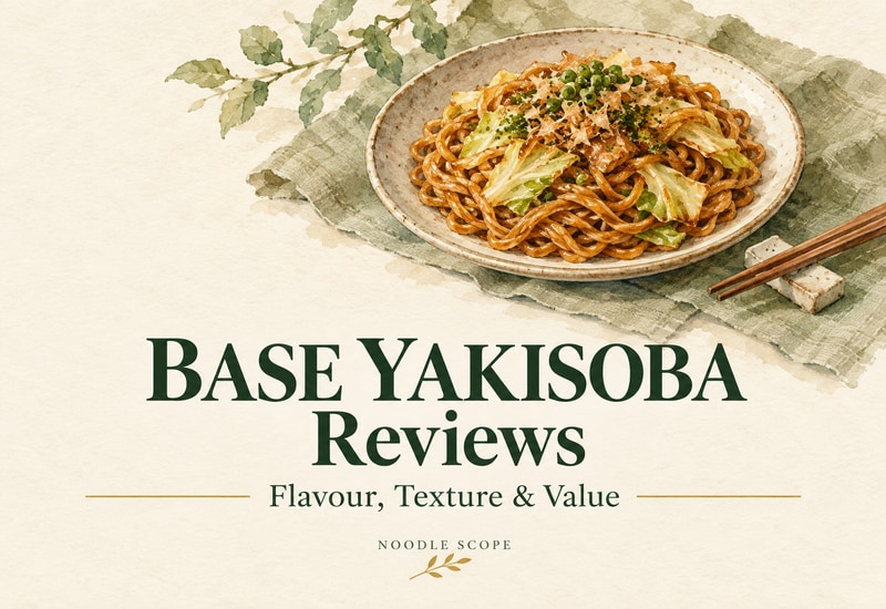 BASE YAKISOBA Reviews: Flavour, Texture & Value — NOODLE SCOPE editorial illustration of a noodle dish, not a product photograph.