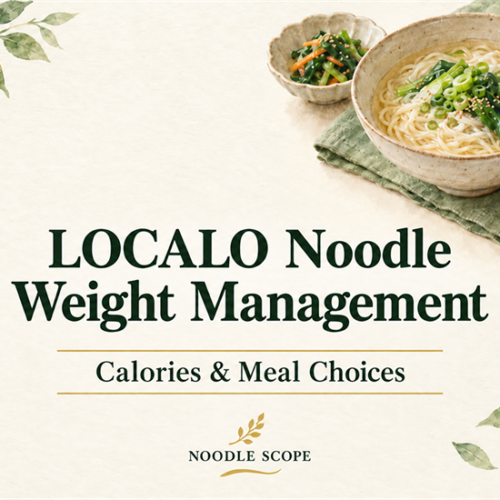 Watercolor noodle meal with the title LOCALO Noodle Weight Management, Calories & Meal Choices, and NOODLE SCOPE branding.