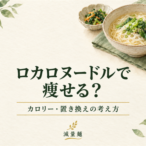 「ロカロヌードルで痩せる? カロリー・置き換えの考え方」と記した麺料理と野菜のおかずのイラスト