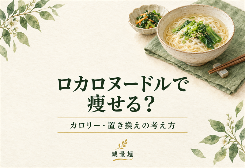 「ロカロヌードルで痩せる？ カロリー・置き換えの考え方」と記した麺料理と野菜のおかずのイラスト