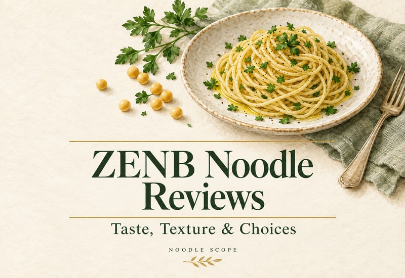 ZENB Noodle Reviews: Taste, Texture & Choices — NOODLE SCOPE editorial illustration.